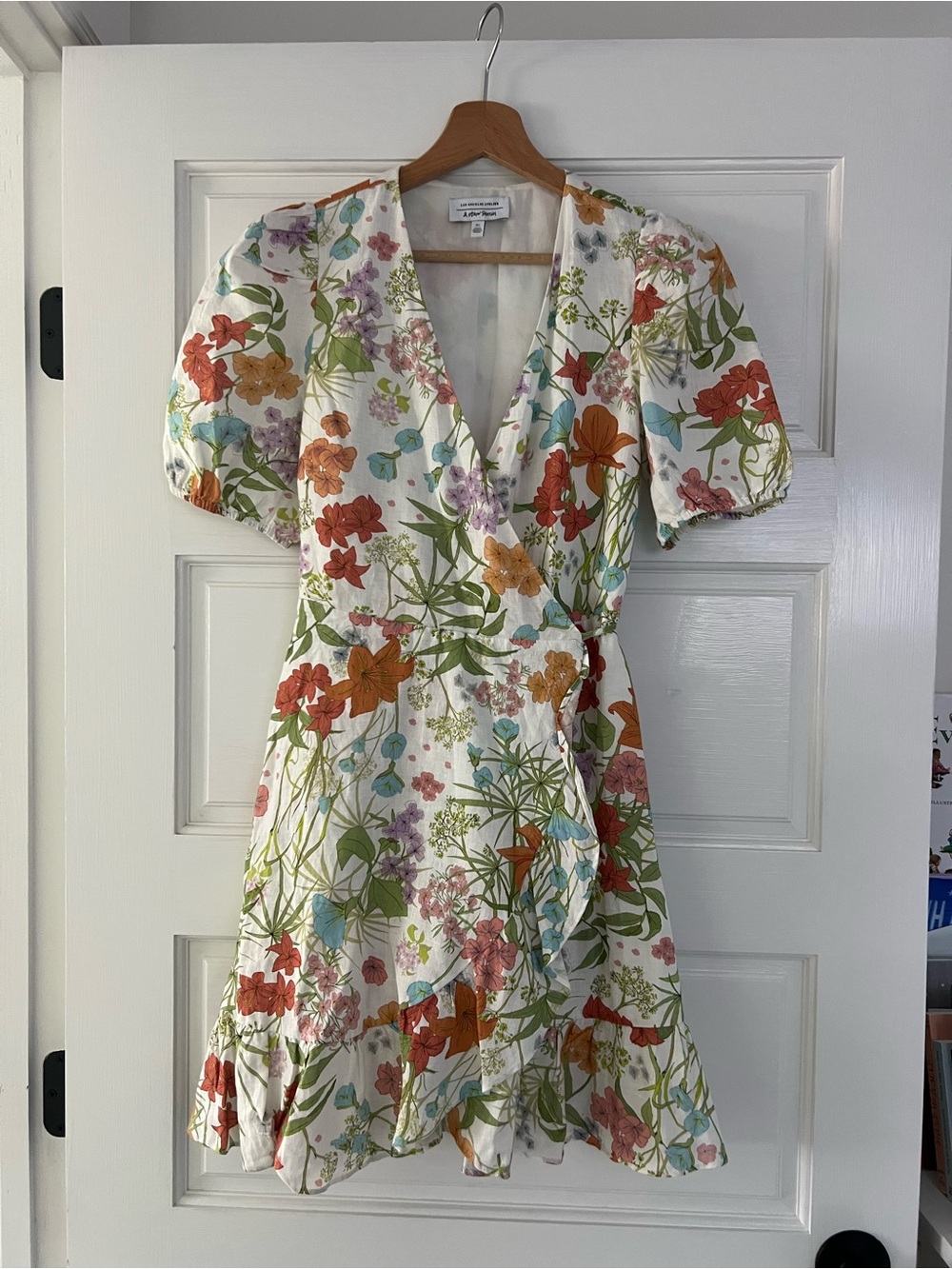 NEW White Floral Wrap Mini Dress with Orange, Green & Pink Accents